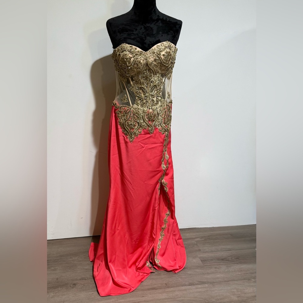 Gold and Coral Ruched Strapless Prom Gown